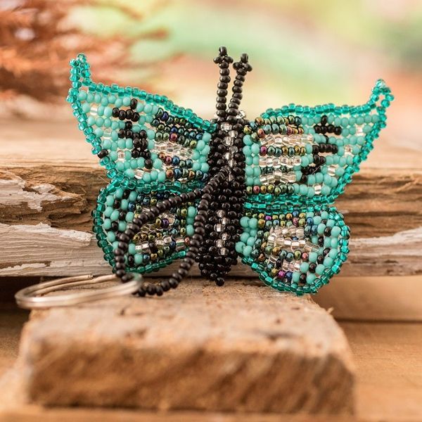Alternate image for Handcrafted Green and Black Glass Beaded Butterfly Keychain Vital Hopes