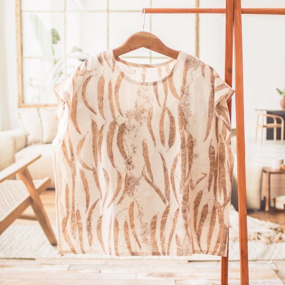 Eco-Printed Leaf-Themed Brown Cotton Caftan from El Salvador 'Magic Autumn'