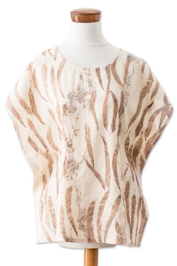 Alternate image for Eco-Printed Leaf-Themed Brown Cotton Caftan from El Salvador Magic Autumn