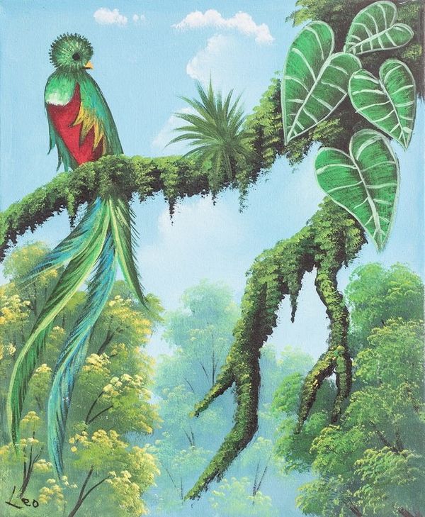 Alternate image for Impressionist Oil Painting of Quetzal Bird in The Forest Beautiful Quetzal