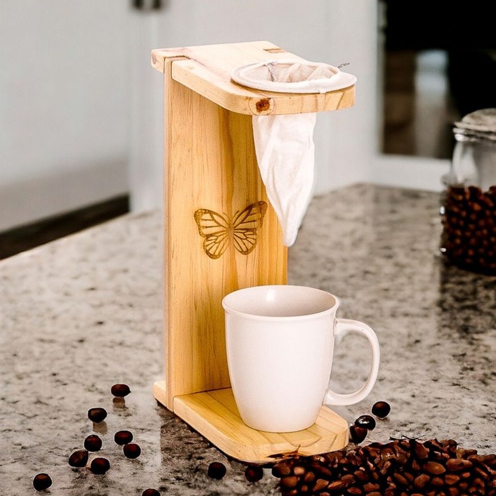 Butterfly-Themed Pinewood Single-Serve Drip Coffee Stand 'Magical Scents'