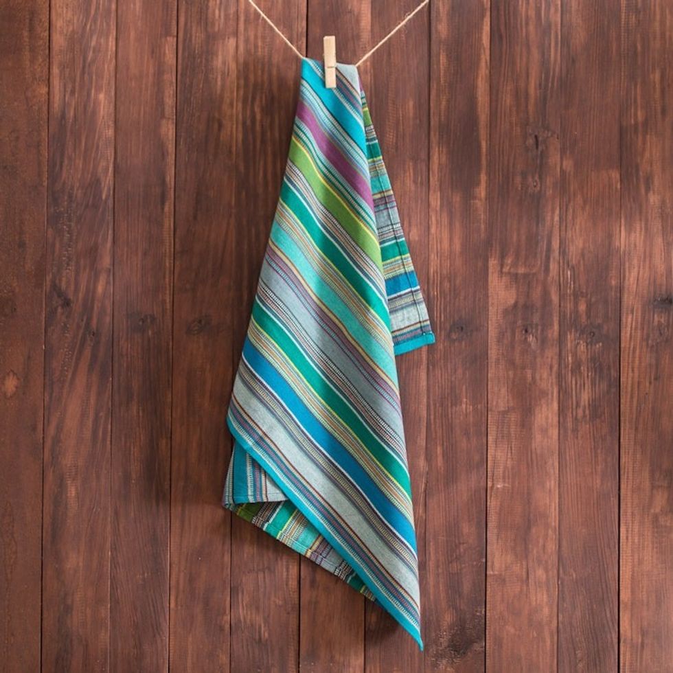Handloomed Cotton Striped Napkin in Blue and Green Hues 'Delicious Views'