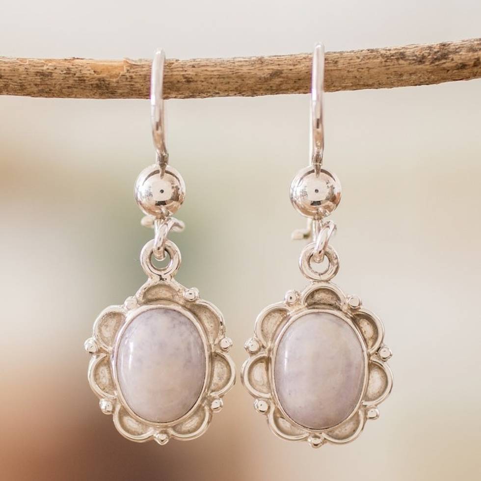 Sterling Silver Dangle Earrings with Lilac Jade Stones 'Majestic Maya Queen in Lilac'