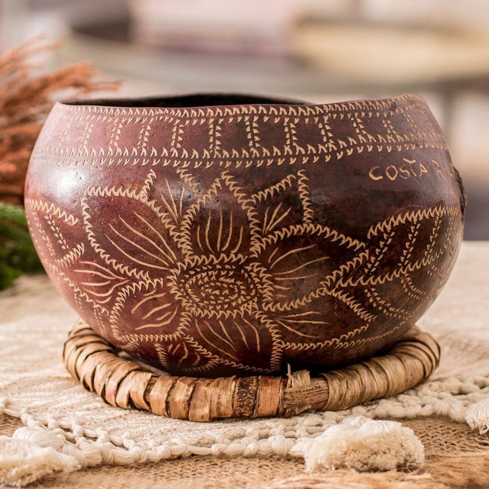 Hand-Carved Floral Dried Gourd Decorative Accent 'Floral Essence'