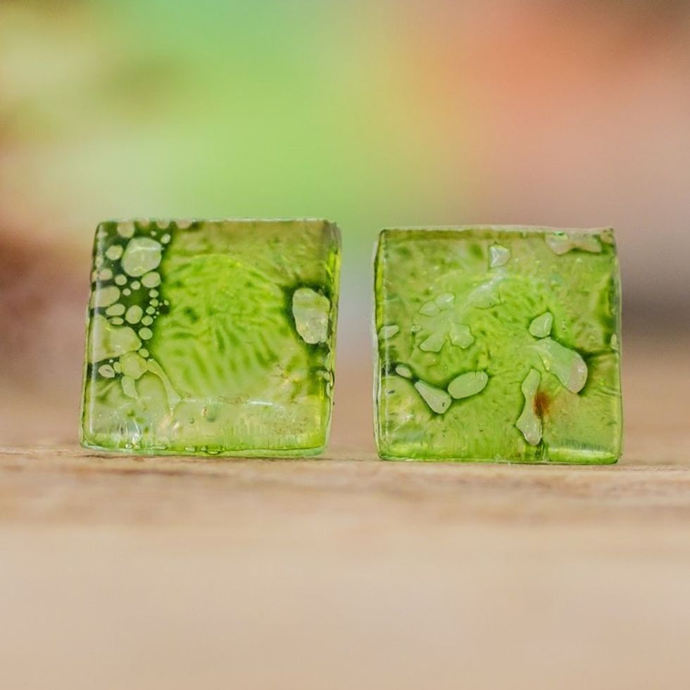 Eco-Friendly Geometric Green Recycled CD Button Earrings 'Bubble Vision in Green'