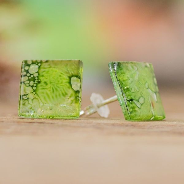 Alternate image for Eco-Friendly Geometric Green Recycled CD Button Earrings Bubble Vision in Green