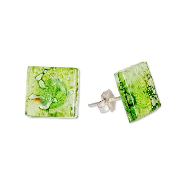 Alternate image for Eco-Friendly Geometric Green Recycled CD Button Earrings Bubble Vision in Green