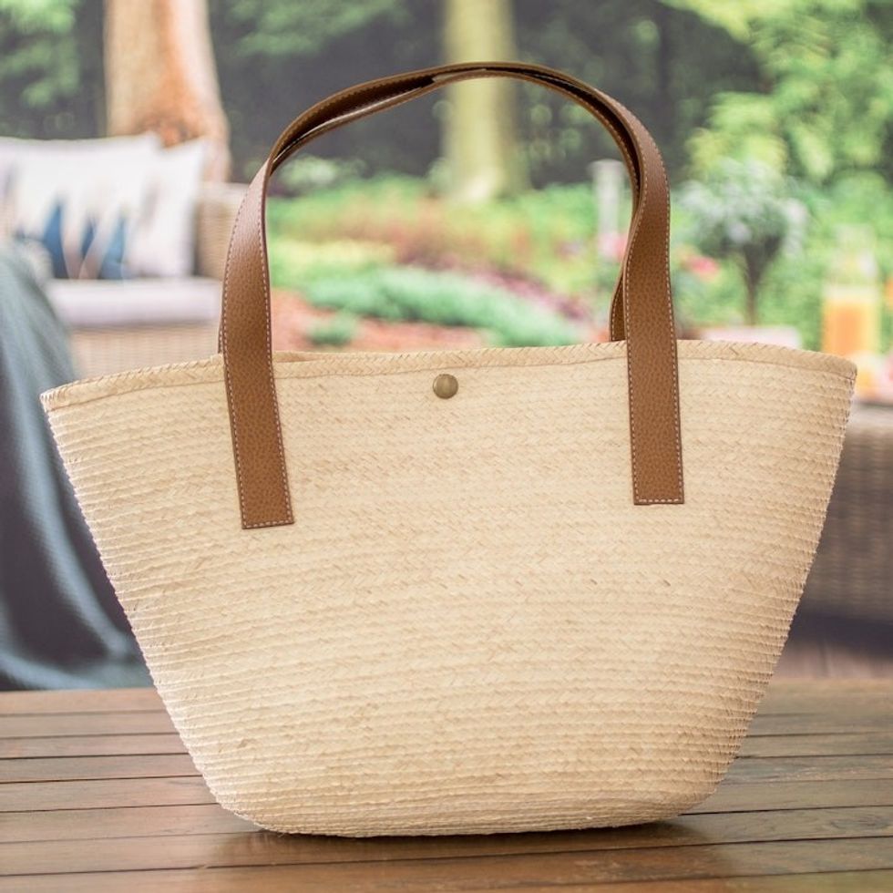 Faux-Leather Accented Beige Natural Fiber Shoulder Bag 'El Zonte Beach'