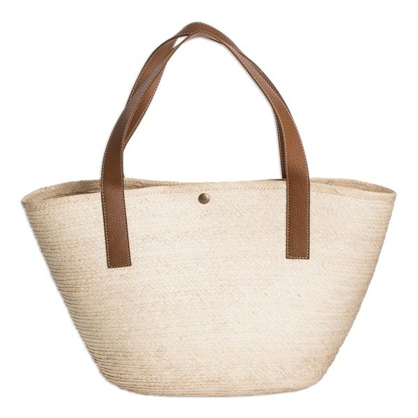 Alternate image for Faux-Leather Accented Beige Natural Fiber Shoulder Bag El Zonte Beach