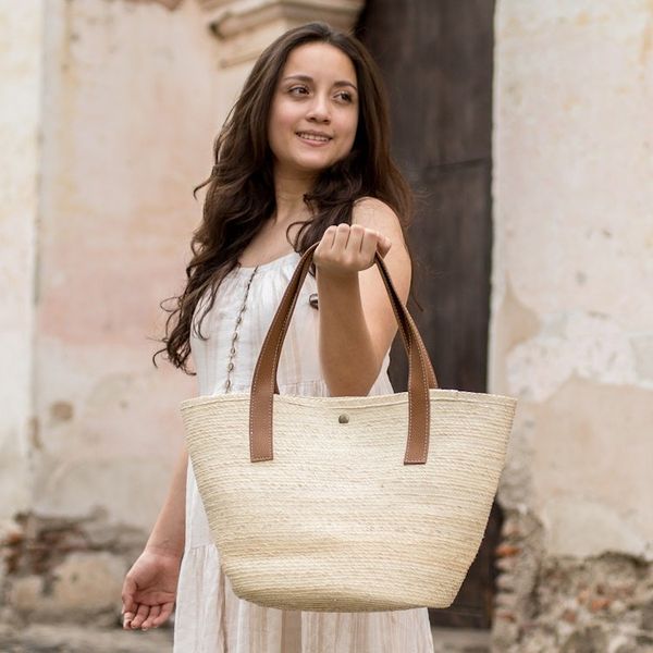 Alternate image for Faux-Leather Accented Beige Natural Fiber Shoulder Bag El Zonte Beach