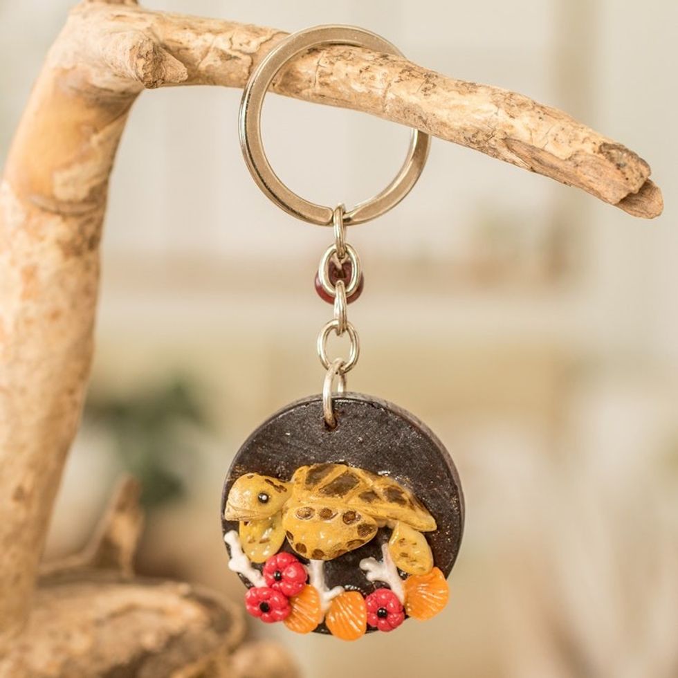Handmade Painted Pinewood and Cold Porcelain Turtle Keychain 'The Little Turtle'