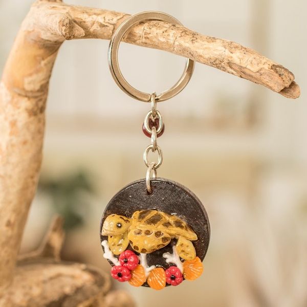Alternate image for Handmade Painted Pinewood and Cold Porcelain Turtle Keychain The Little Turtle