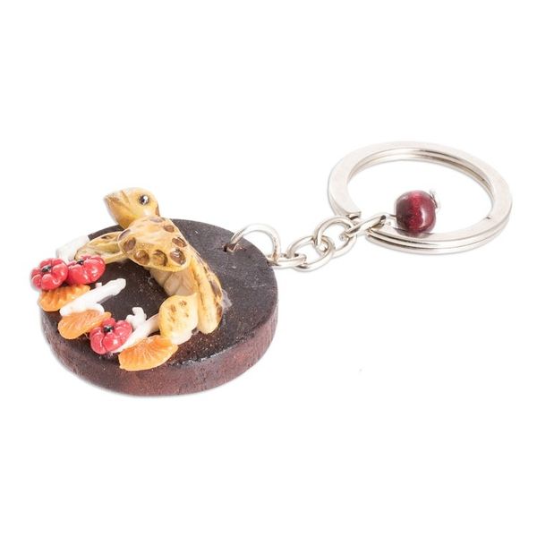 Alternate image for Handmade Painted Pinewood and Cold Porcelain Turtle Keychain The Little Turtle