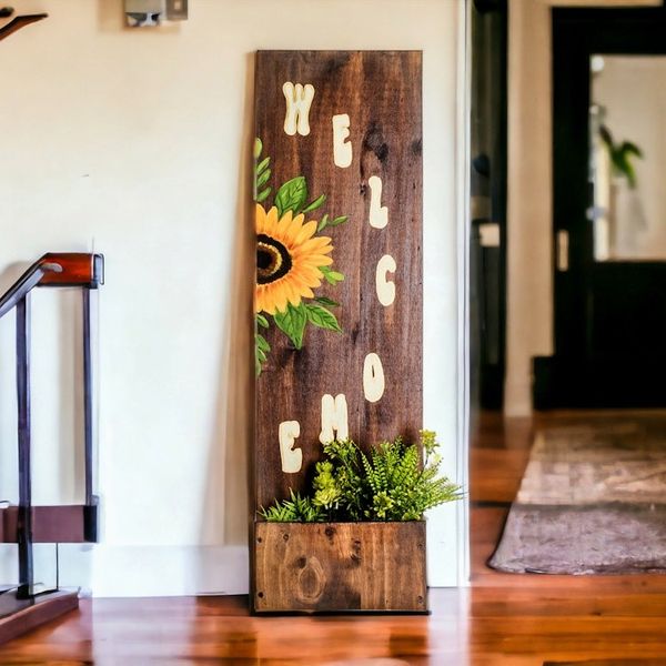Alternate image for Hand-Painted Decorative Sunflower Wood Accent with Box Welcome