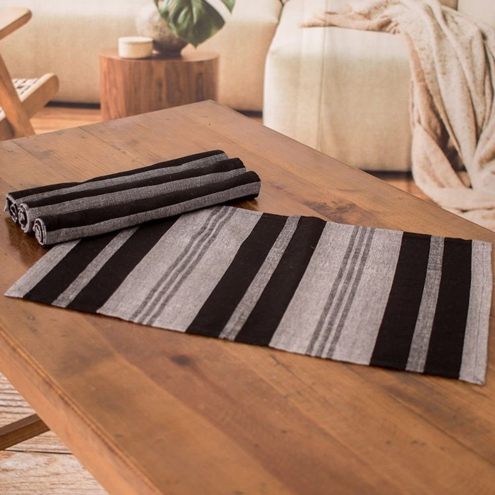 Set of 4 Handloomed Striped Grey and Black Cotton Placemats 'Shadows of Delight'