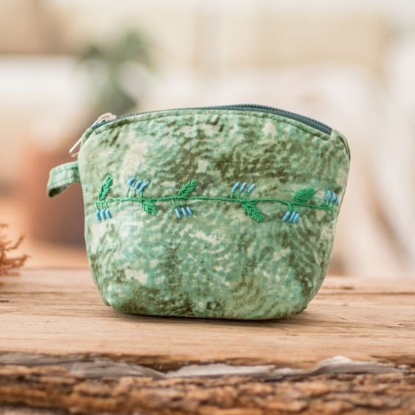 Alternate image for Embroidered Leafy Green Cotton Coin Purse with Zipper Forest Scenes