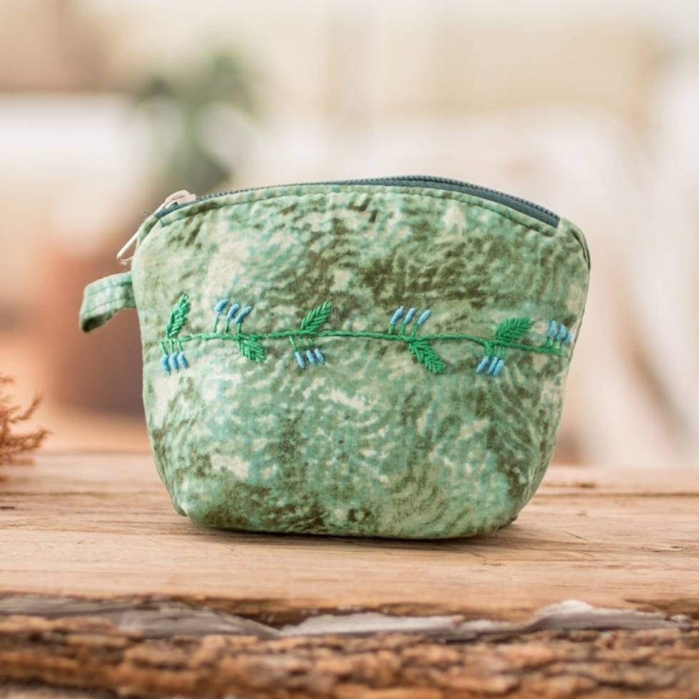 Embroidered Leafy Green Cotton Coin Purse with Zipper 'Forest Scenes'
