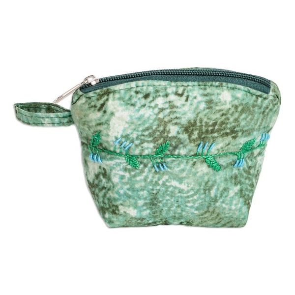 Alternate image for Embroidered Leafy Green Cotton Coin Purse with Zipper Forest Scenes
