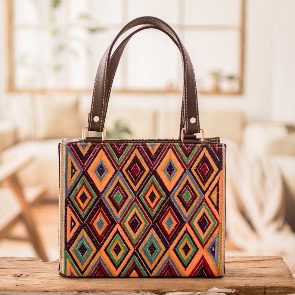 Faux Leather-Accented Diamond-Patterned Cotton Handbag 'Cultural Goddess'