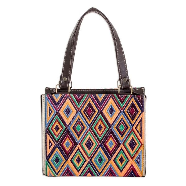 Alternate image for Faux Leather-Accented Diamond-Patterned Cotton Handbag Cultural Goddess