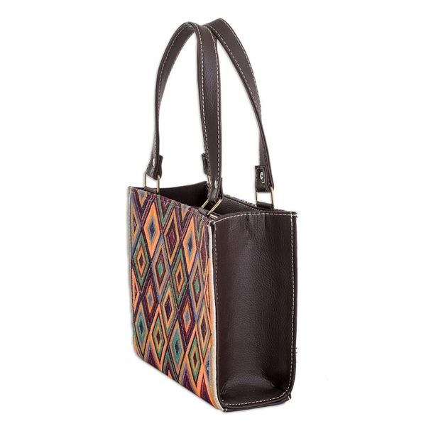 Alternate image for Faux Leather-Accented Diamond-Patterned Cotton Handbag Cultural Goddess