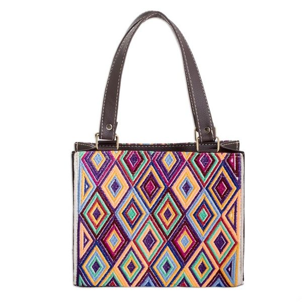 Alternate image for Faux Leather-Accented Diamond-Patterned Cotton Handbag Cultural Goddess