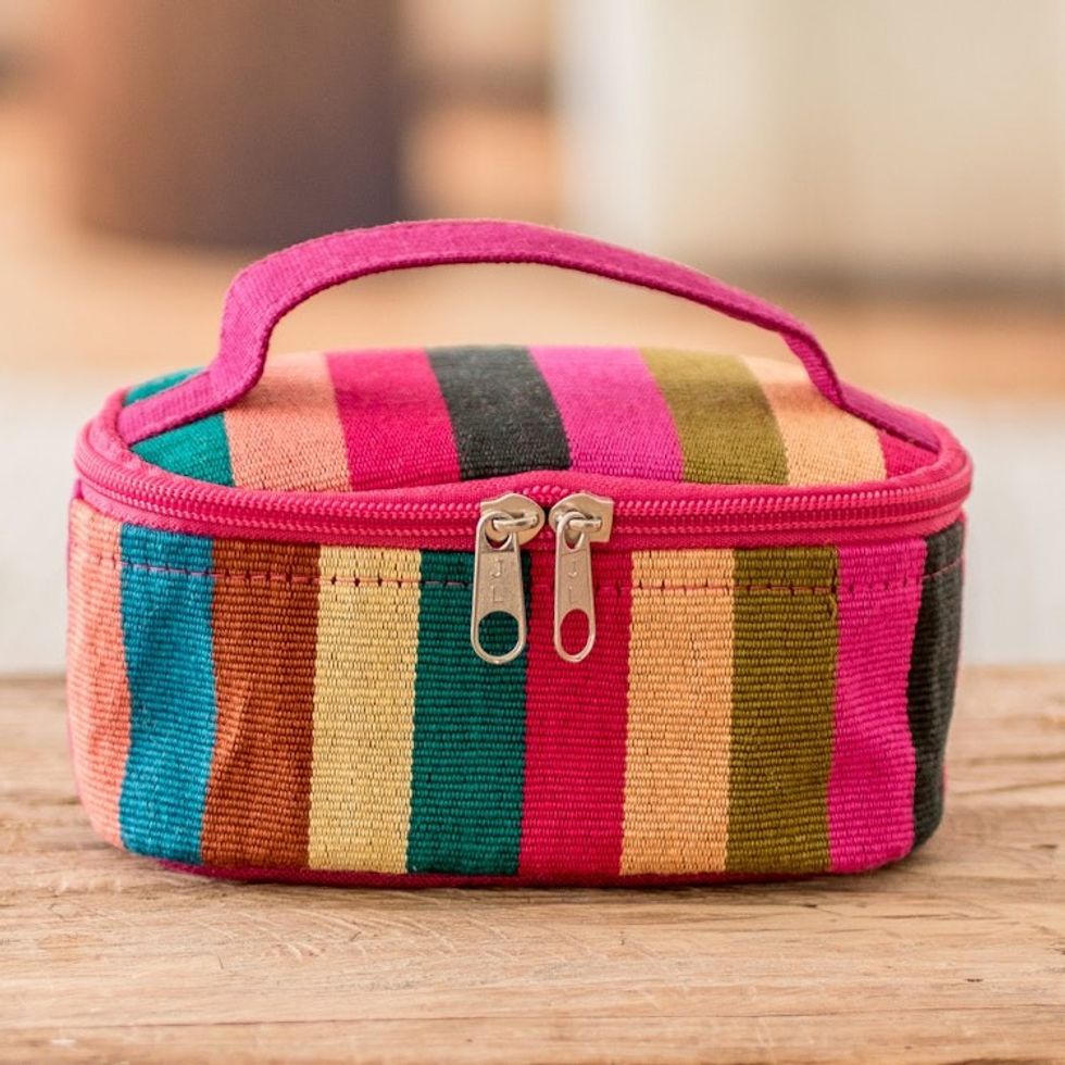 Handloomed Multicolor Striped Cotton Cosmetic Bag Small 'Tropical Ideas'