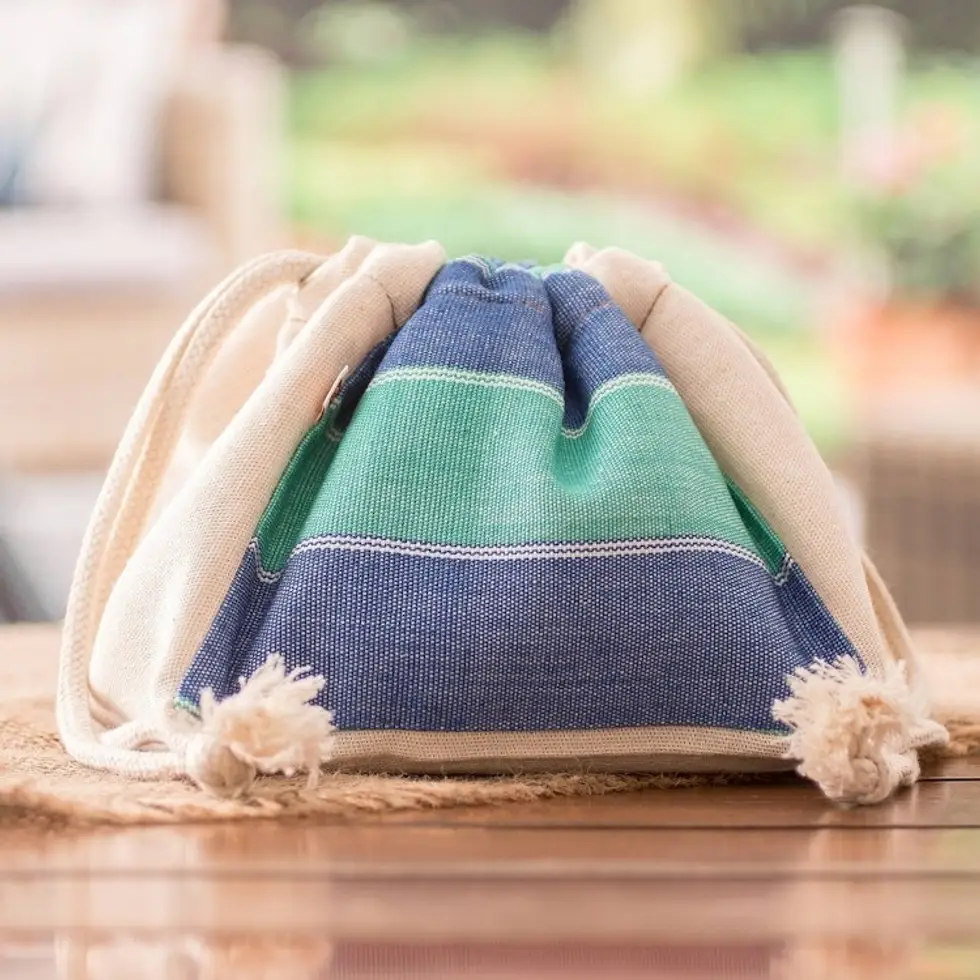 Aqua Blue Handwoven Striped Cotton Drawstring Toiletry Bag 'Emerald'