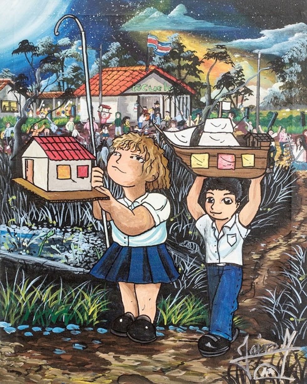 Signed Stretched Acrylic Naif Painting of Kids and School 'Lanterns'