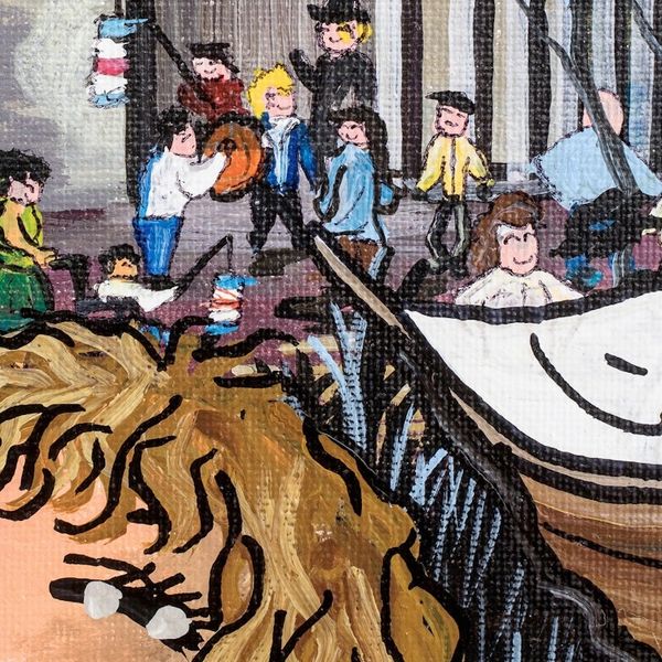 Alternate image for Signed Stretched Acrylic Naif Painting of Kids and School Lanterns