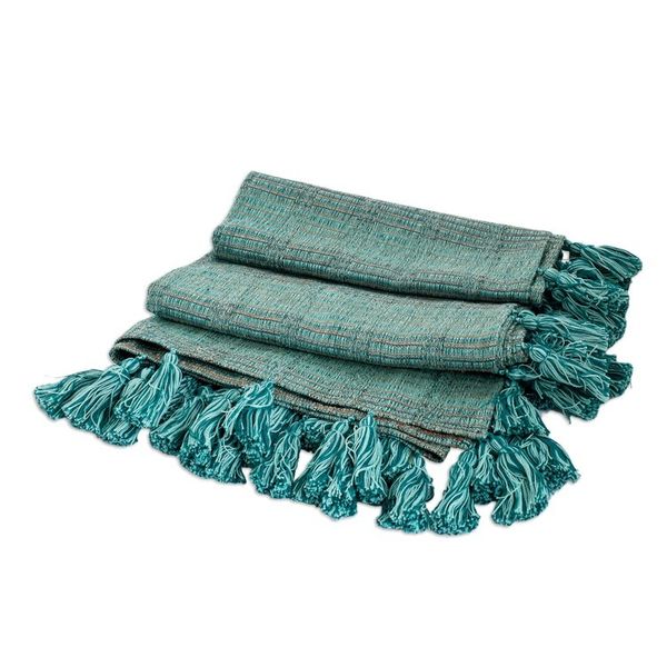 Alternate image for Handwoven Striped Cotton Throw in Aqua and Teal with Tassels Reef Inspiration