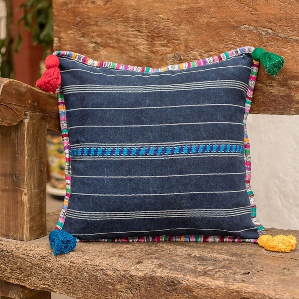 Handwoven Blue Cotton Cushion Cover with Zipper Closure 'Land of Traditions'