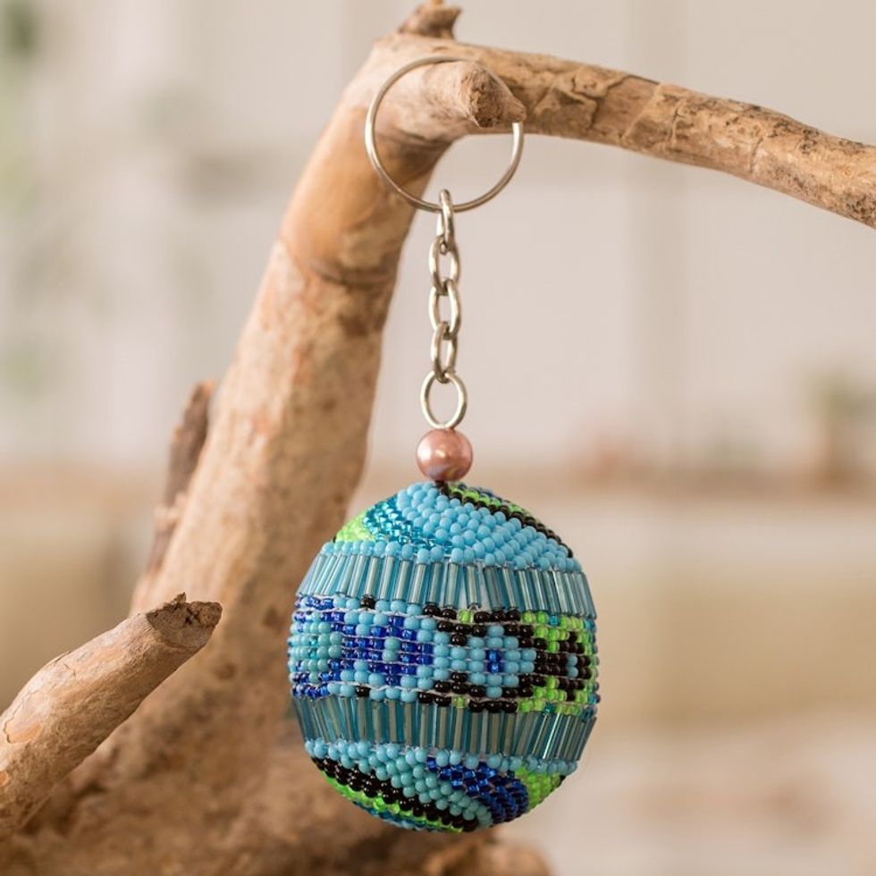 Handmade Beaded Keychain and Bag Charm in Blue Green Black 'Blue Sphere'