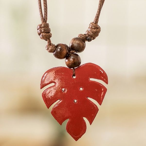 Alternate image for Crimson Calabash Gourd Pendant Necklace with Wood Beads Jungle Crimson