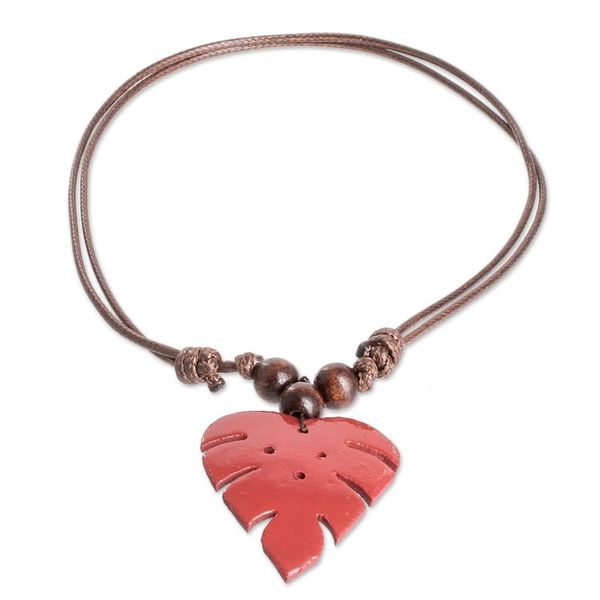 Alternate image for Crimson Calabash Gourd Pendant Necklace with Wood Beads Jungle Crimson