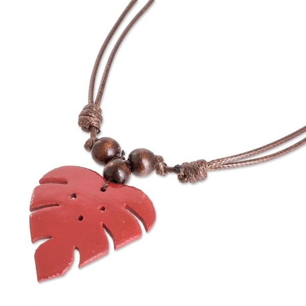 Alternate image for Crimson Calabash Gourd Pendant Necklace with Wood Beads Jungle Crimson