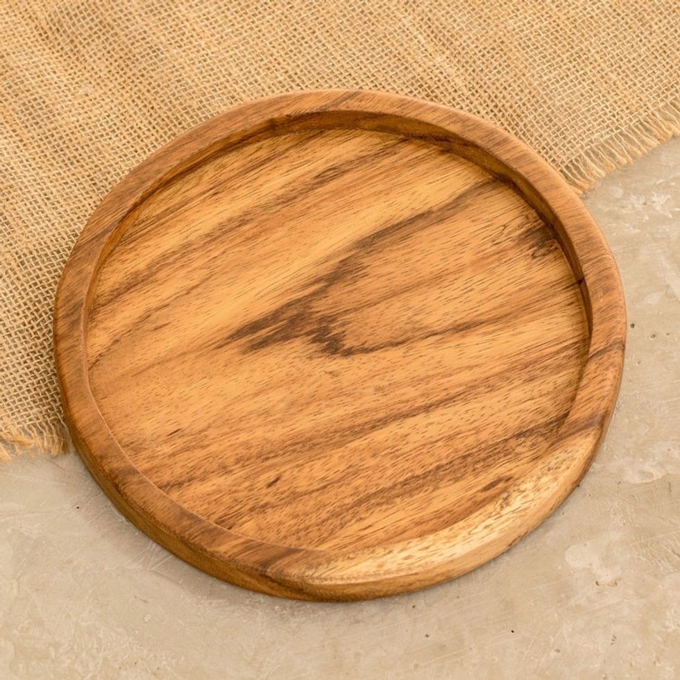 Handcrafted Round Conacaste Wood Snack Plate 'Little Pleasures'