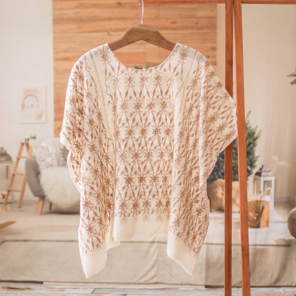 Pic'bil Handloomed Ivory and Ginger Cotton Caftan Top 'Sunset Waters'