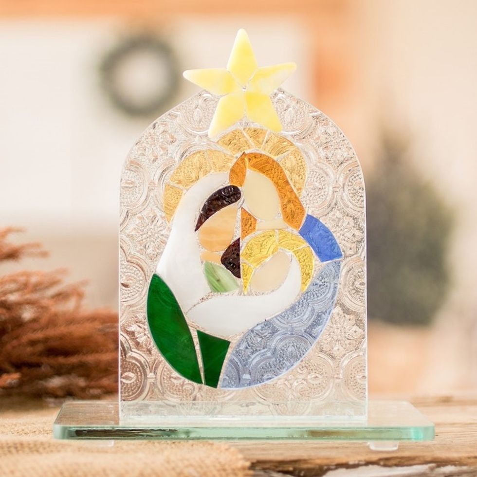 Handmade Religious Float Glass Home Accent in Green and Blue 'Serene Bonds'