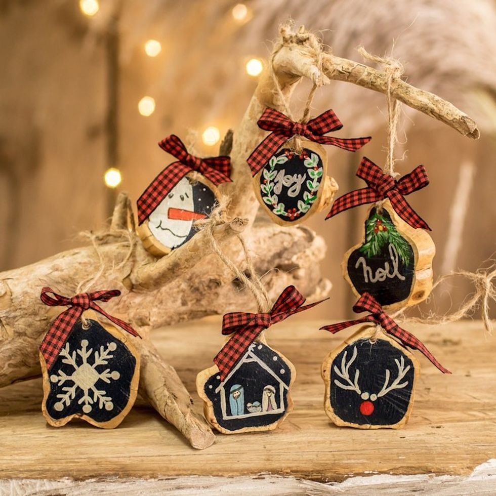 Christmas-Themed Black Coffee Tree Wood Ornaments Set of 6 'Enchanted Eve'