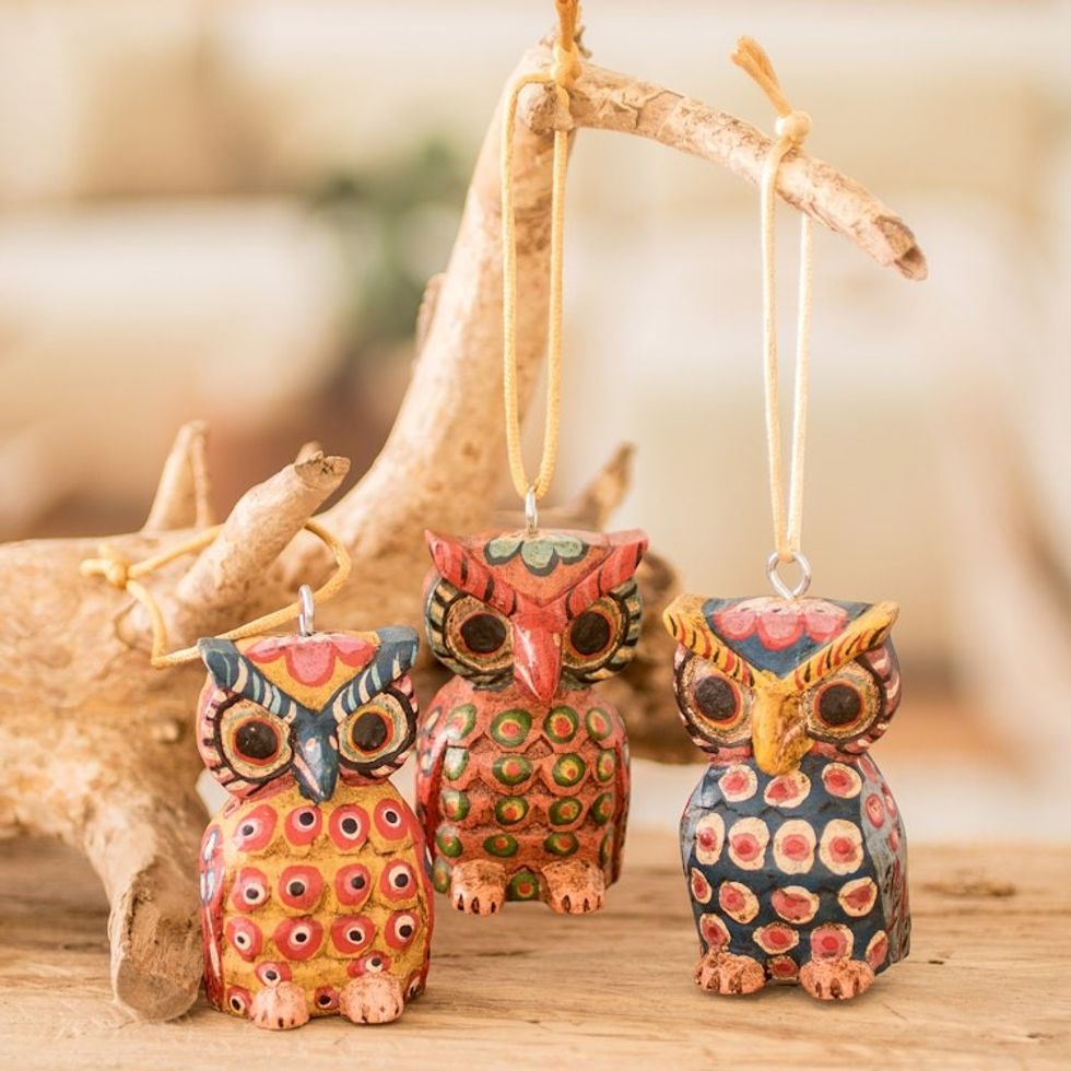 Handcrafted Pinewood Owl Ornaments from Guatemala Set of 3 'Enchanting Owls'