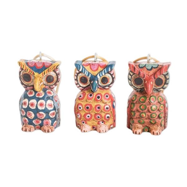 Alternate image for Handcrafted Pinewood Owl Ornaments from Guatemala Set of 3 Enchanting Owls
