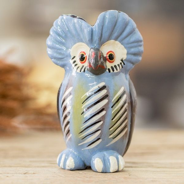 Alternate image for Ceramic Owl Figurine in Light Blue Hand-Painted in Guatemala Curious Tecolote