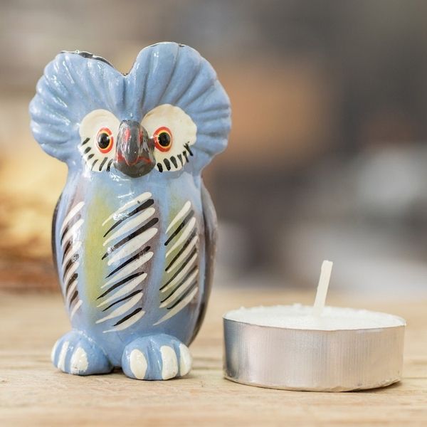 Alternate image for Ceramic Owl Figurine in Light Blue Hand-Painted in Guatemala Curious Tecolote