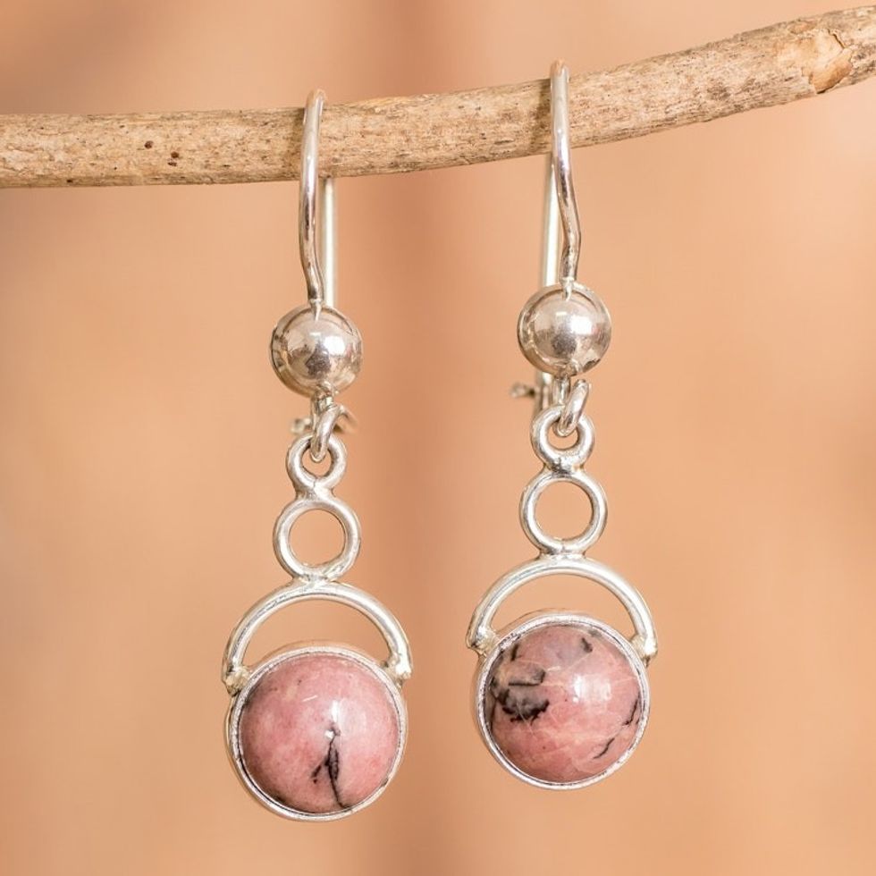 Sterling Silver Dangle Earrings with Natural Rhodonite Beads 'Infinite Warmth'