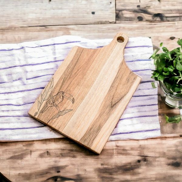 Alternate image for Handcrafted Laurel Wood Cutting Board with Toucan Engraving Toucans Delicacies