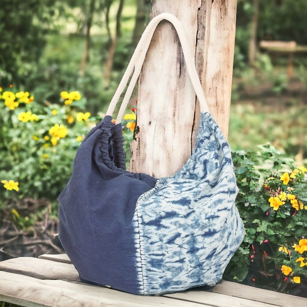 Modern Patterned Indigo Cotton Hobo Shoulder Bag 'Indigo Roads'