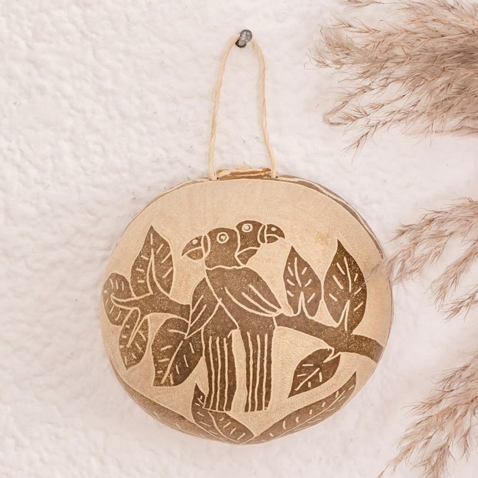 Macaw Wall Accent Hand-Carved in Dried Calabash Gourd 'Macaw Fantasy'