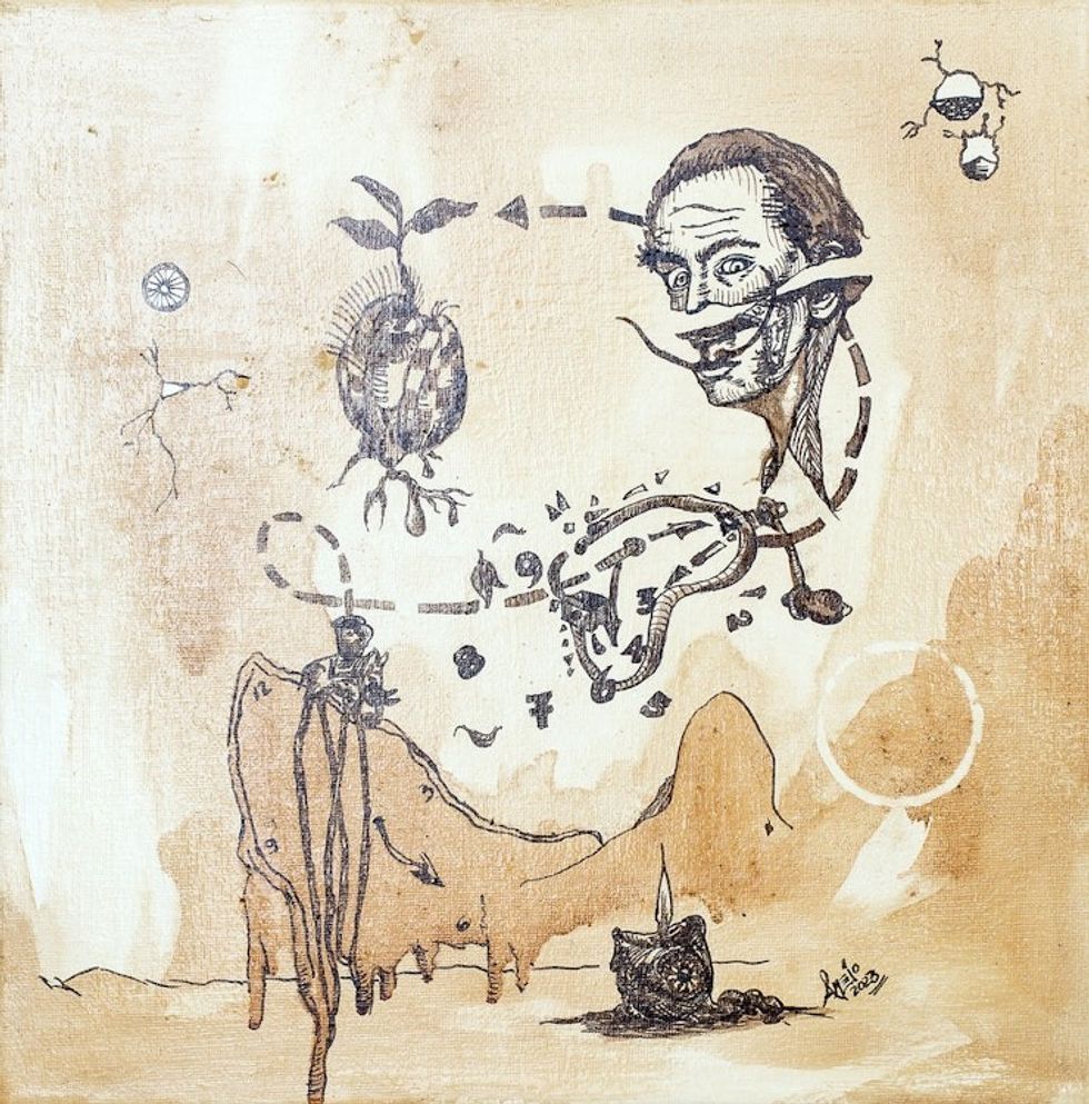 Stretched Ink and Coffee Wash Painting of Surrealist Scene 'Memory Breakage'