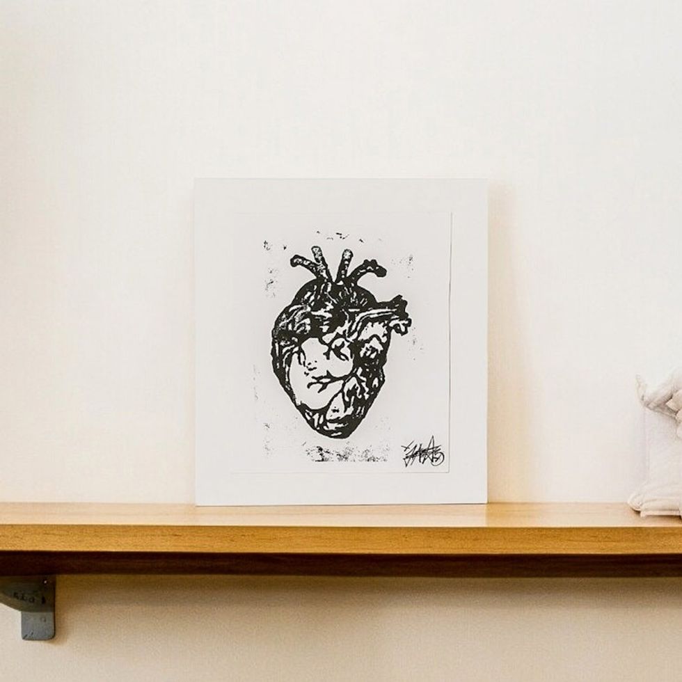 Expressionist Xylograph Print of the Heart from Guatemala 'Striped'